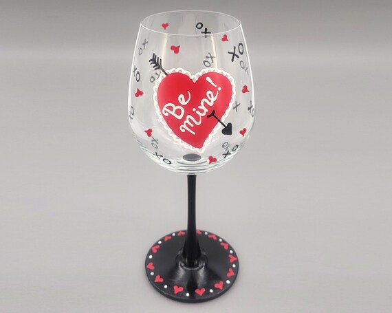 Be Mine Valentine Heart Wine glass - Hand Painted - Gift for Her - Anniversary, Valentine's Day, Birthday - Red and Black