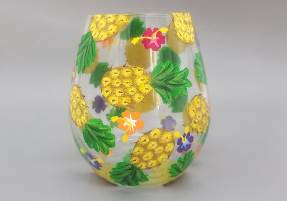 Pineapple Themed Stemless Wine Glass - Hand Painted - Pineapples and Tropical Flowers - Cocktail Party Glass