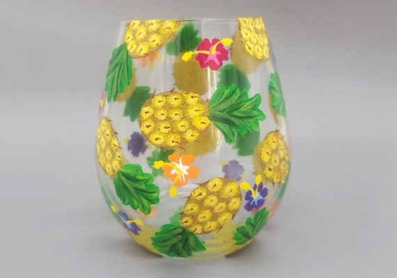 Pineapple Stemless Wine Glass - Cute Tropical Themed Decor and