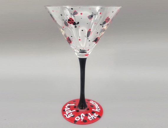 Lady of the House Martini Glass - Hand Painted - Ladybugs, Red & Black - Cocktail Glass