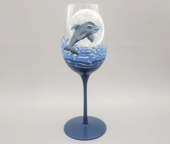 Dolphin Wine Glass - Hand Painted - Dolphin Jumping - Large Moon - Waves, Ocean, Night