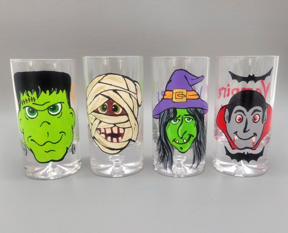 Set of 4 Large Halloween Shot Glasses - Frankenstein, Vampire, Witch & Mummy - Spooky, Hand Painted