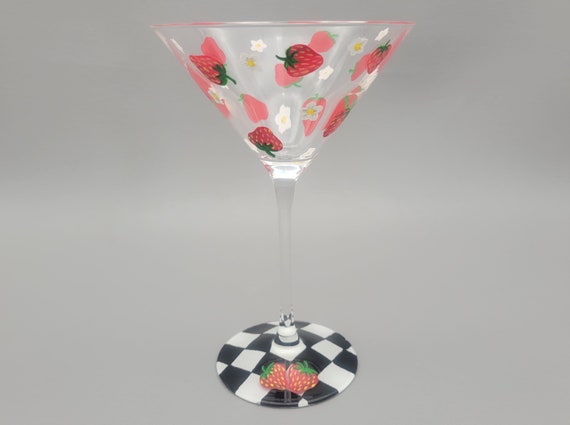 Strawberry Themed Martini Glass - Hand Painted - Strawberries, Blossoms, Black & White Checker - Summer Cocktail Glass