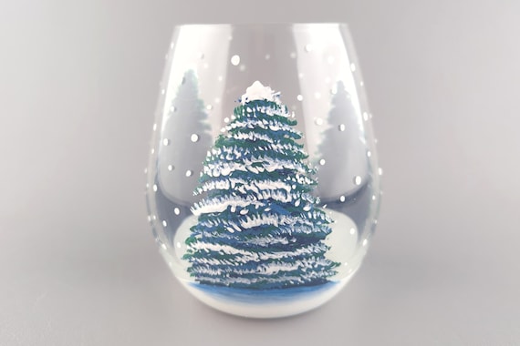 Winter Pine Trees Stemless Wine Glass - Hand Painted - Snow, Pine Trees, Snowflakes - Green or Blue Spruce Choice