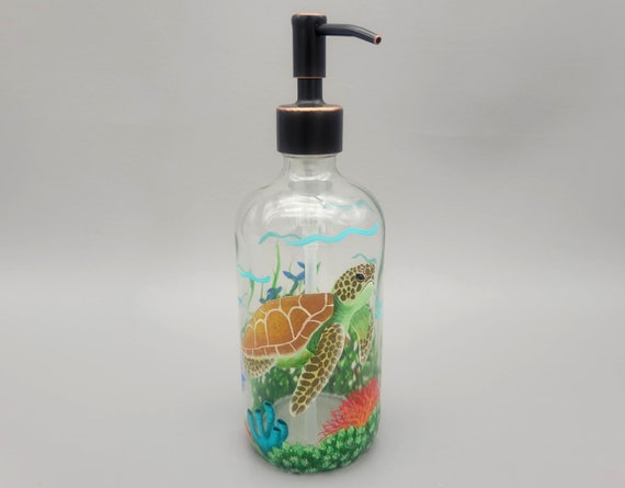 Sea Turtle Glass Soap or Lotion Dispenser Underwater, Coral, Fish