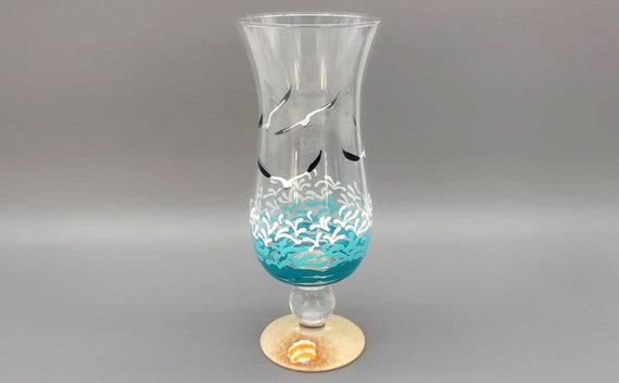 Beach Hurricane Glass - Hand Painted - Tropical, Sea Turtle, Waves, Seagulls - Daiquiri, Cocktails - 15 ounce