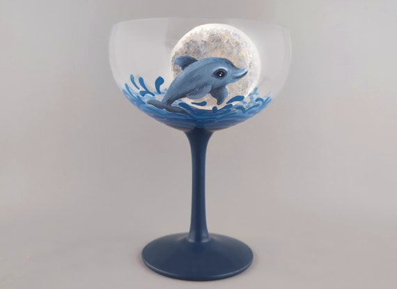 Dolphin at Night Margarita Glass - Hand Painted - Moon, Ocean, Water - Dolphin Jumping