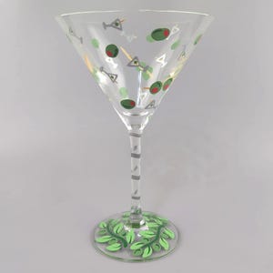 Olive Themed Martini Glass - Hand Painted - Olives on Martini Pick, Olive Branches