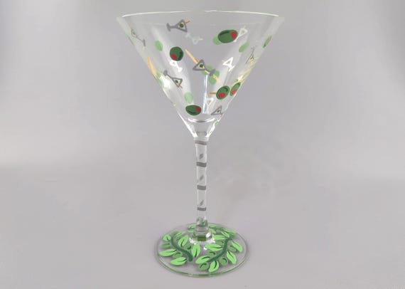 Olive Themed Martini Glass - Hand Painted - Olives on Martini Pick, Olive Branches