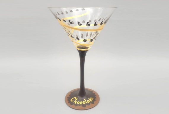 Chocolate Martini Themed Glass - Hand Painted - Great Gift for Chocolate Lovers! - Dripping Chocolate Chips, Gold