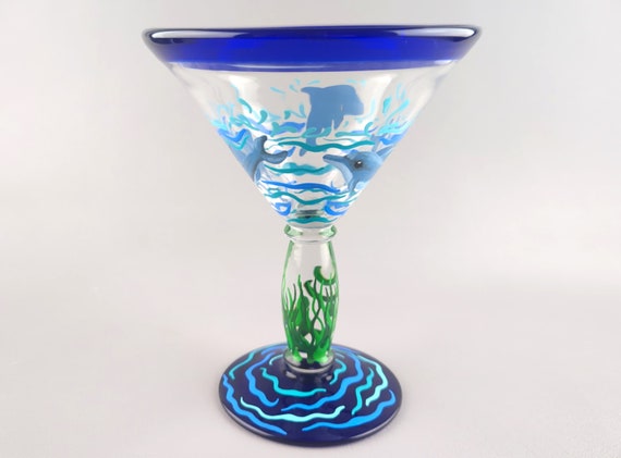 Dolphin Themed Martini Glass - 10 oz - Ocean, Summer, Sea, Marine - Hand Painted - Unique Cocktail Gift Idea