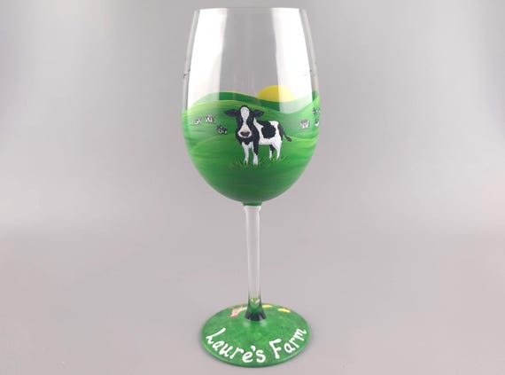Farm Themed Wine Glass - Hand Painted - Cow, Sheep, Chicken - Sunrise, Sunset, Rolling Pastures