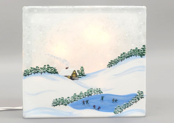 Winter Snow Scene Lighted Glass Block - Pine Trees, Cabin, Lake, Ice Skating - Electric Mini Lights