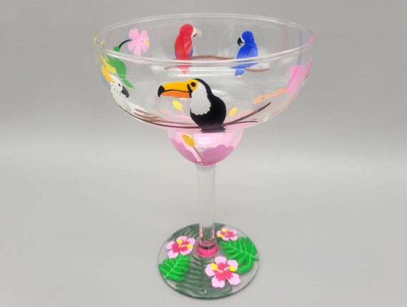 Tropical Birds Themed Margarita Glass - Hand Painted - Parrot, Cacadu, Flamingo, Tucan, Flowers - Bright & Colorful