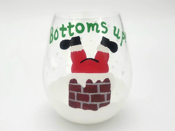 Bottoms Up! Santa Down the Chimney Hand Painted Stemless Wine Glass - Rooftop, Christmas, Holiday