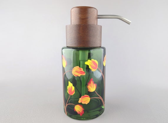 Swaying Fall Leaves Glass Soap or Lotion Dispenser - Hand Painted - Colorful Autumn Leaves - Bathroom or Kitchen Decor