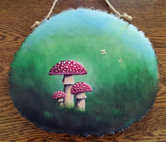 Hand-Painted Wood Art, Red Mushroom Forest Scene, Whimsical Woodland Decor, Original Nature Painting