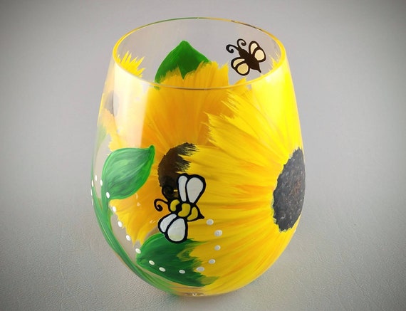 Sunflower Stemless wine glass - Yellow Sunflowers, Bumble Bee - Summer Theme - Bee Happy -  Beautiful and Bright