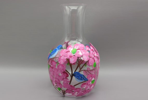 Pink Flowers and Bluebirds Carafe - Hand Painted Pitcher - Spring, Floral, Birds, Nature