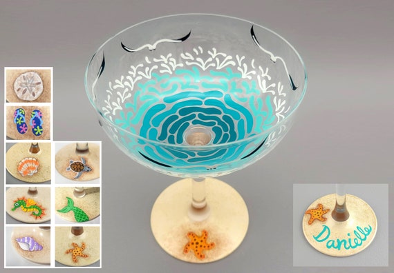 Beach Themed Margarita Glass - 15.75 oz - Personalized - Waves, Sand, Seagulls, Shell, Starfish, Sea Turtle