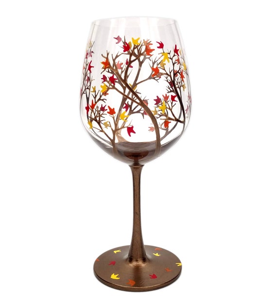 Fall Tree Wine Glass - Hand Painted - Autumn Leaves in Red, Orange, Yellow - Fall Leaf - Thanksgiving Glasses