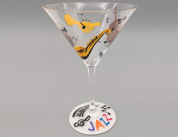 Jazz Themed Martini Glass - Hand Painted - Music, Saxophone, Trumpet, Bass - Instruments, Music Notes, Piano - Cocktail Glass