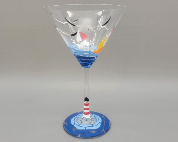 Sailboat Themed Martini Glass - Hand Painted - Lake, Ocean, Lighthouse, Seagulls, Fishing - Gift for Him - Father's Day Cocktail Glasses