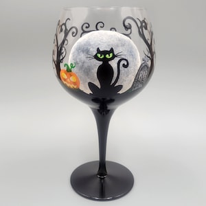 Whimsical Black Cat & Moon Halloween Wine Glass - Fun, Spooky, Pumpkin, Grave - Hand Painted