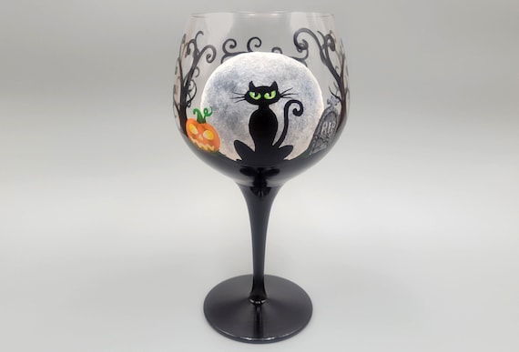 Whimsical Black Cat & Moon Halloween Wine Glass - Fun, Spooky, Pumpkin, Grave - Hand Painted