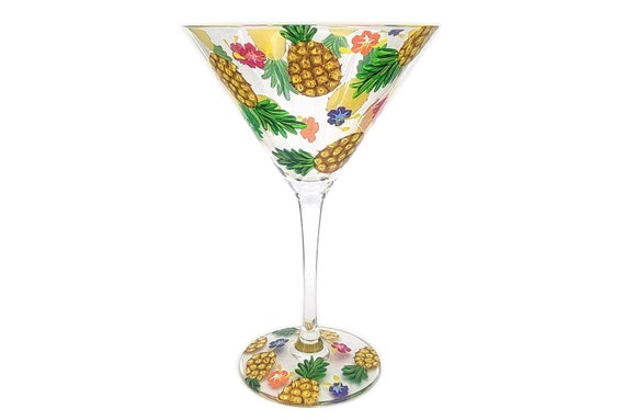 Pineapple Themed Martini Glass - Hand Painted - Pineapples and Tropical Flowers - Cocktail Party Glass - Unique Gift