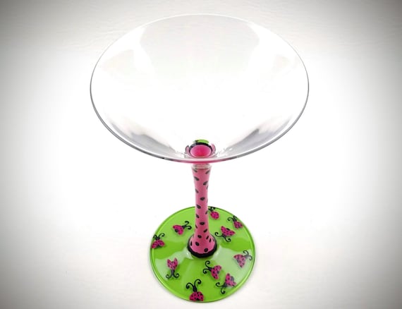 Lady Bug Hand Painted Martini Glass, Green and Pink Polka Dot, Cocktail Glasses, Martini Gift Idea, Spring Theme