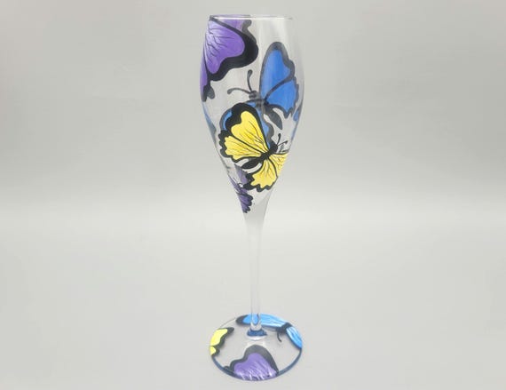 Butterfly Champagne Glass - Hand Painted - Colorful Butterflies - Spring, Summer, Pretty