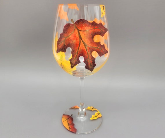 Autumn Maple Leaf Wine Glass - Fall Leaves - Hand Painted - Stemmed - Red, Yellow, Orange, Brown - Thanksgiving