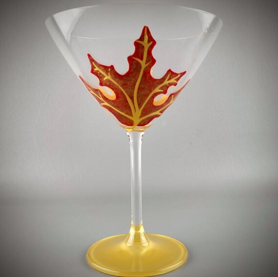 Hand Painted Orange Yellow Fall Maple Leaves Martini Glass Autumn Leaf 8 oz Red