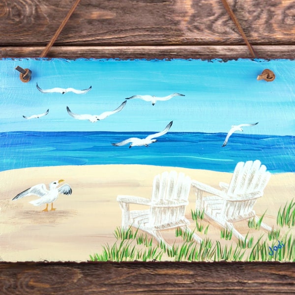 Beach Scene with Seagulls & Adirondack Chairs - Hand Painted Slate - Hanging Picture Sign - Indoor or Outdoor