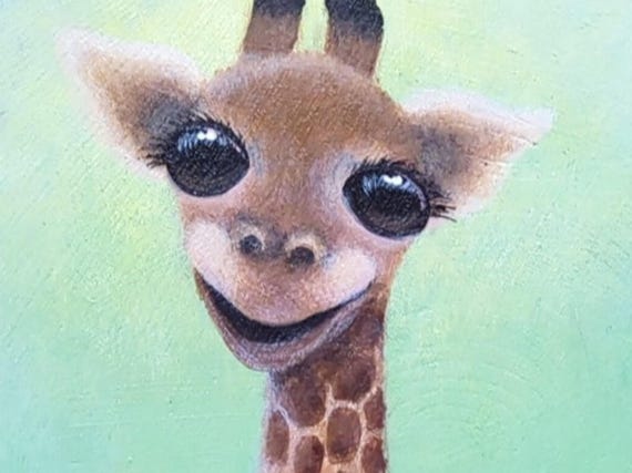Original Baby Giraffe Painting on Wood Panel, Whimsical Animal Art, Nature Decor