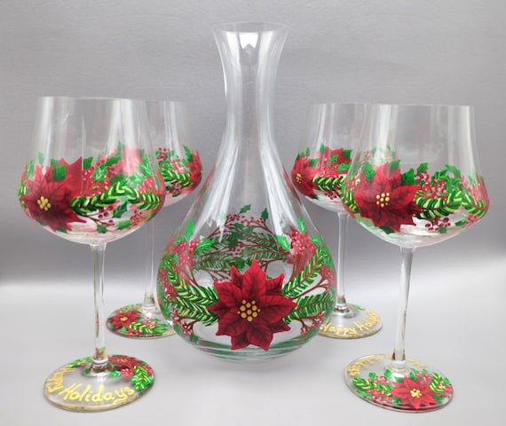 Christmas Poinsettia Wine Set - 4 Wine Glasses & Carafe - Festive Holiday Decor - Hand Painted