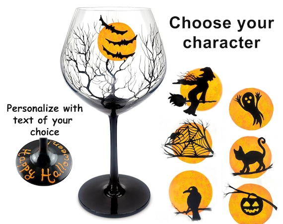 Halloween Hand Painted Wine Glass - Witch, Bats, Raven, Crow, Tree, Moon - Happy Halloween, Cocktail Party Glass