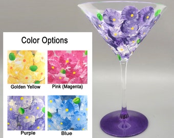 Pretty Flowers Martini Glass - Hand Painted - Choice of Color - Sparkly Base - Personalized - Martini Gift Idea for Her