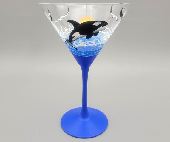 Orca Martini Glass - Hand Painted - Killer Whale Jumping - Sunset - Waves, Ocean, Tropical