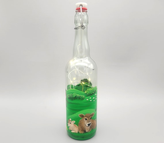 Farm Themed Lighted Bottle - Hand Painted - Cow & Calf, Barn, Sheep, Rolling Hills - Upcycled, Recycled - Fairy Lights