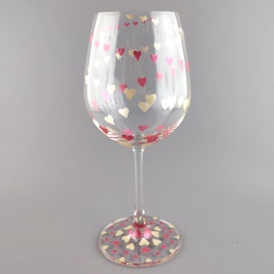 Valentine Wine Glass - Hand Painted - Tiny Hearts in Cherry Red and Champagne - Valentine&#39;s Day Gift Idea