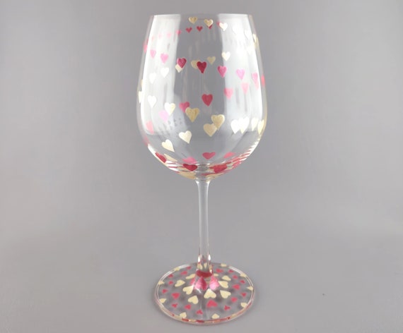 Valentine Wine Glass - Hand Painted - Tiny Hearts in Cherry Red and Champagne - Valentine's Day Gift Idea