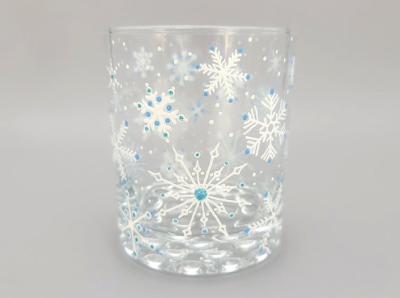 Winter Snowflakes Whiskey Glass - 12 oz - Snow, Christmas - Hand Painted - Rocks / Scotch / Whiskey