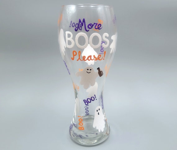 More Boos Please - Hand Painted Pilsner Beer Glass - Ghost, Boo, Cute - Halloween Party Decor - Orange, Purple, Black