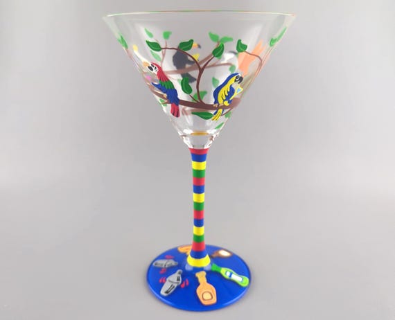 Tropical Birds Party Martini Glass - Hand Painted - Parrot, Tukan, Cacadu, Humming Birds