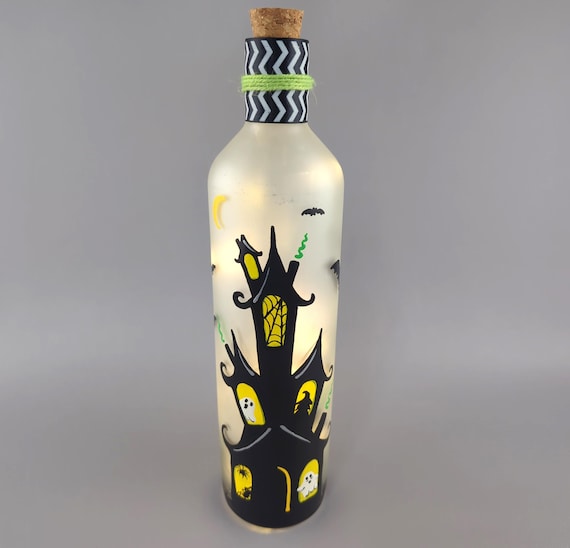 Whimsical Haunted House Lighted Wine Bottle - Halloween - Hand Painted - Upcycled, Recycled - Fairy Lights - Ghost, Witch, Spider