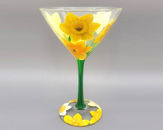 Daffodil Martini Glass - Hand Painted - Yellow Flowers - Spring Cocktail Glass