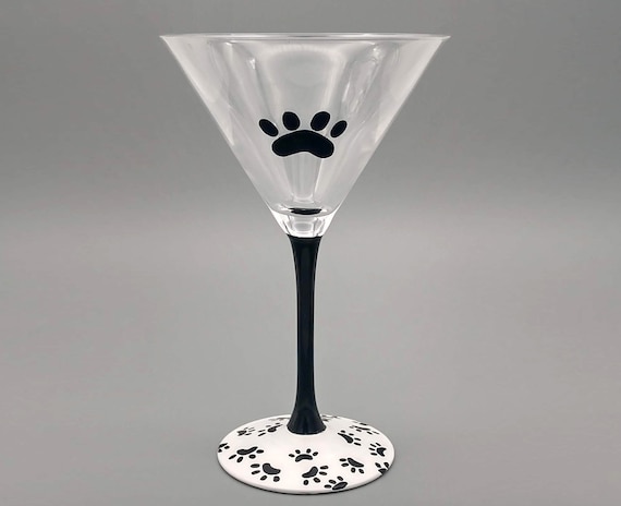 Paw Print Martini Glass - Hand Painted -  For Pet Lovers - Cat, Dog, Pets - Black & White - Cute and Elegant