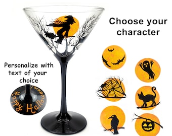 Halloween Martini Glass - Witch, Bats, Raven, Crow - Hand Painted - Harvest Moon - Happy Halloween Cocktail Party Glass